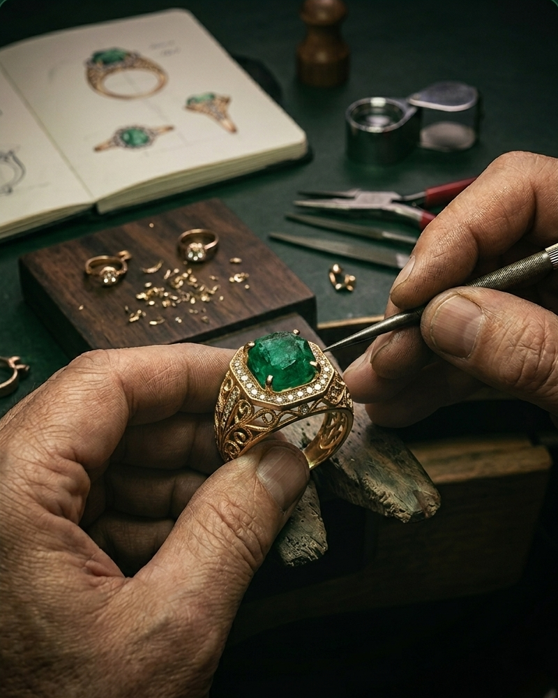 Goldschmied fertigt einen Smaragdring im Viridian Atelier